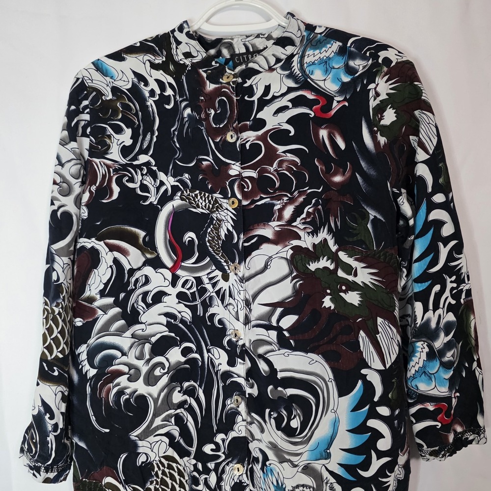 Vintage Citron Dragon Print Blouse Y2K Asian Inspired Rayon Button Front Blouse